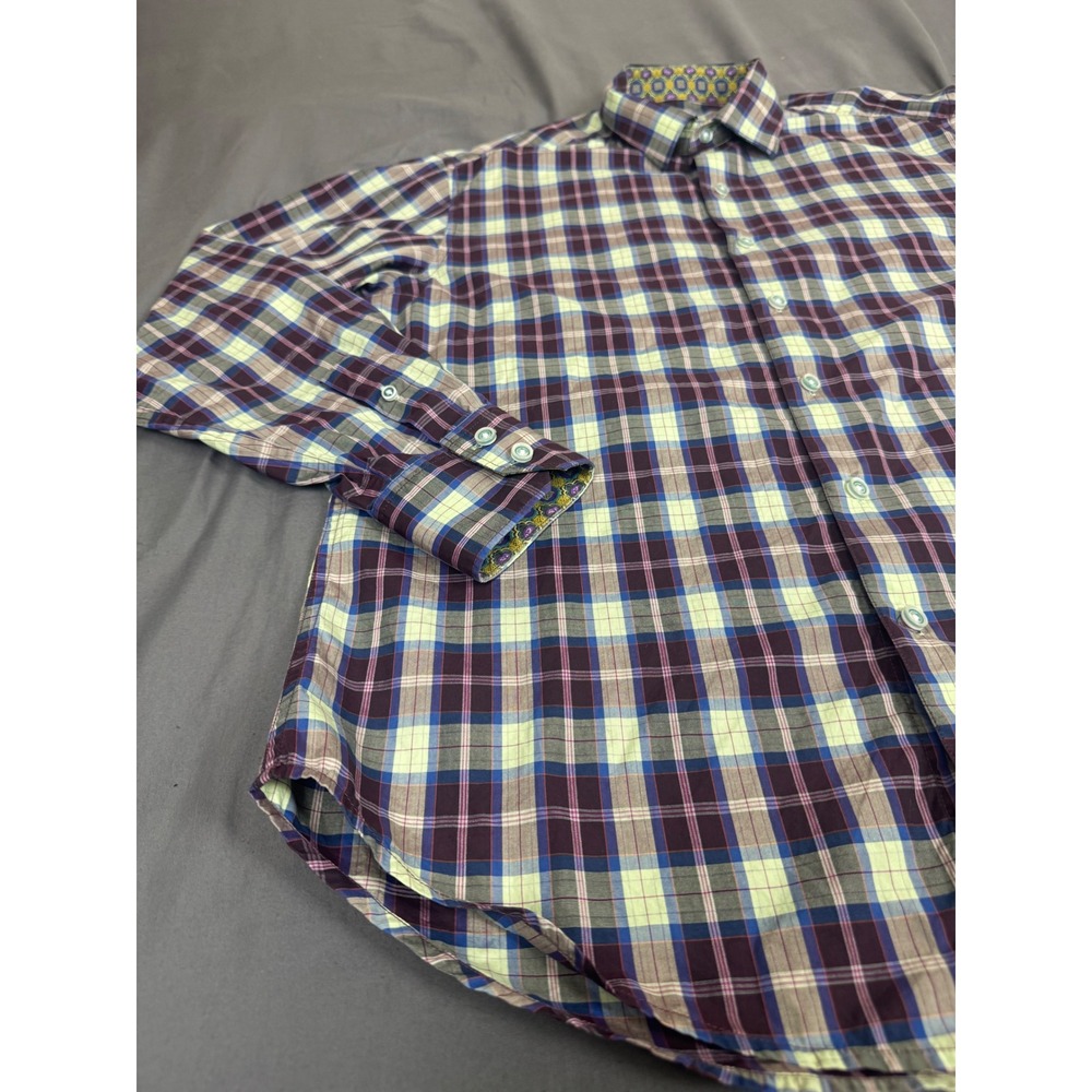 Robert Graham Mens Classic Fit Plaid Button Down Shirt Purple Lime Green Size M - Picture 9 of 14